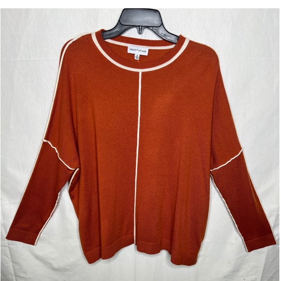 Gibson Latimer Womens Rust Orange Oversized Crewneck Sweater Piping Detail Sz M - Picture 3 of 5